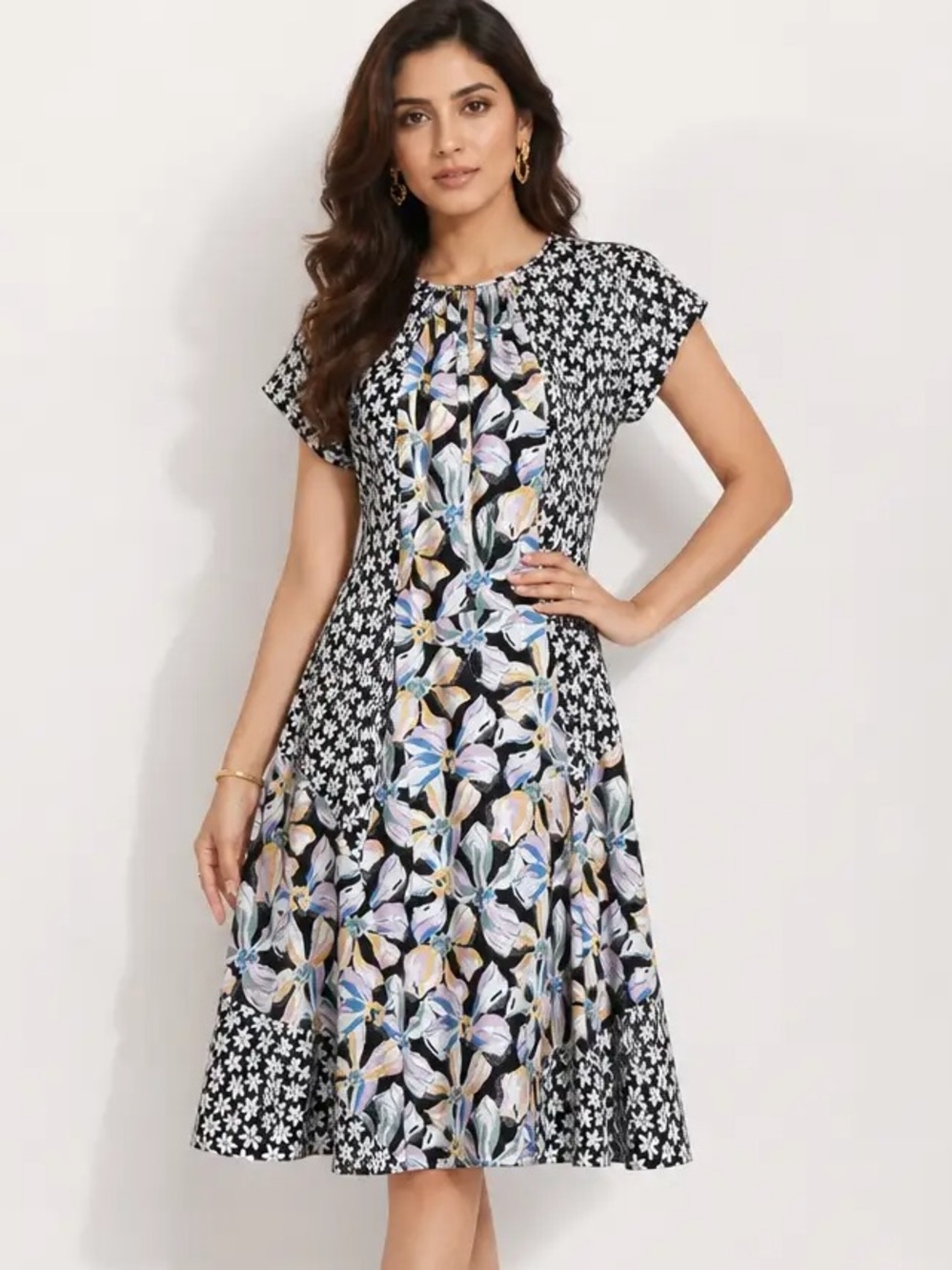 Rebecca Taylor Black Floral Patchwork Midi Dress with Pastel Blooms
